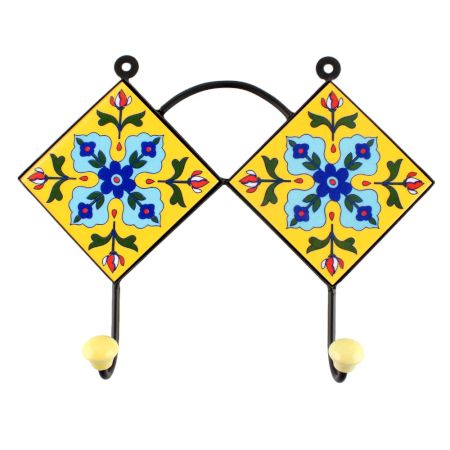 Turquoise Floral Ceramic Tile Wall Hook